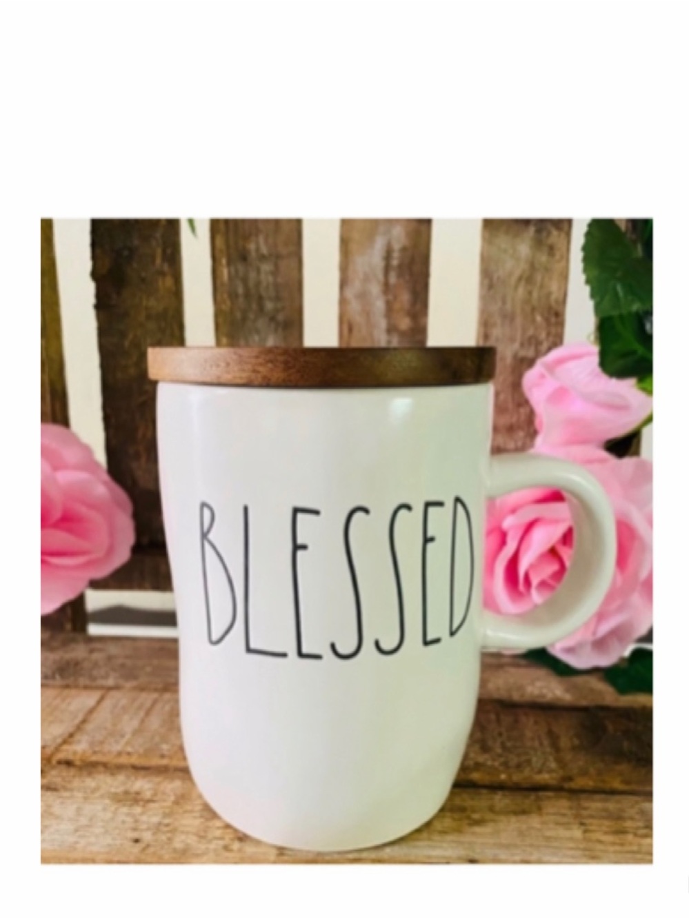 NEW Rae Dunn Blessed Mug with Coaster Wooden Lid Ceramic